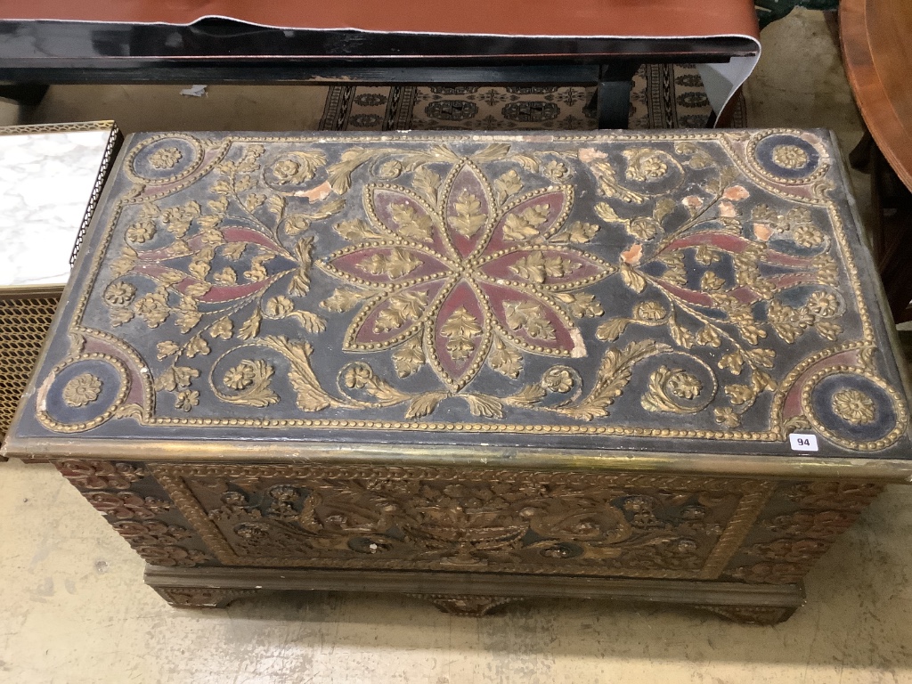 An ornate painted and gilt coffer, width 120cm depth 61cm height 68cm